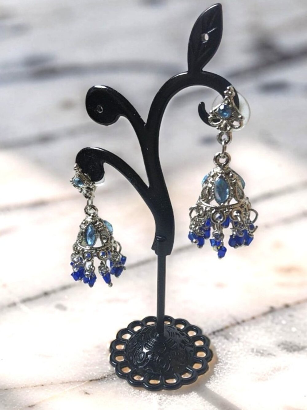 vintage silver tone hombre blues chrystals chandelier dangle earrings
